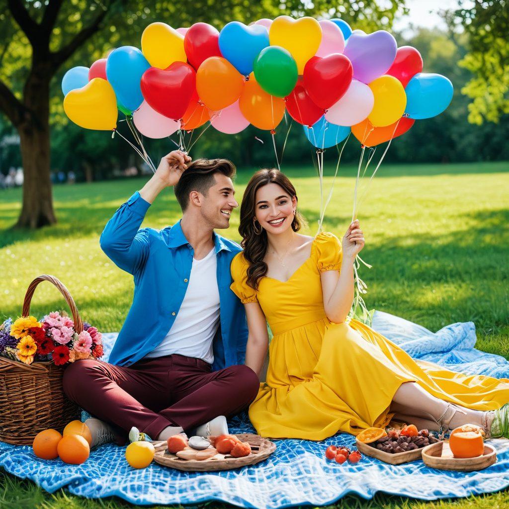 A playful scene depicting a couple enjoying a vibrant outdoor picnic filled with spices, colorful fashion outfits, and flirty interactions. The background features a lively park with flowers and a bright blue sky. Incorporate elements like heart-shaped balloons and fashionable accessories to enhance the fun atmosphere. The couple should exude joy and charisma, embodying a sense of adventure and romance. bright colors. super-realistic.